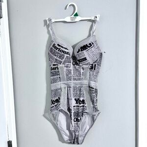 French Twist off-white newspaper graphic intimate bodysuit